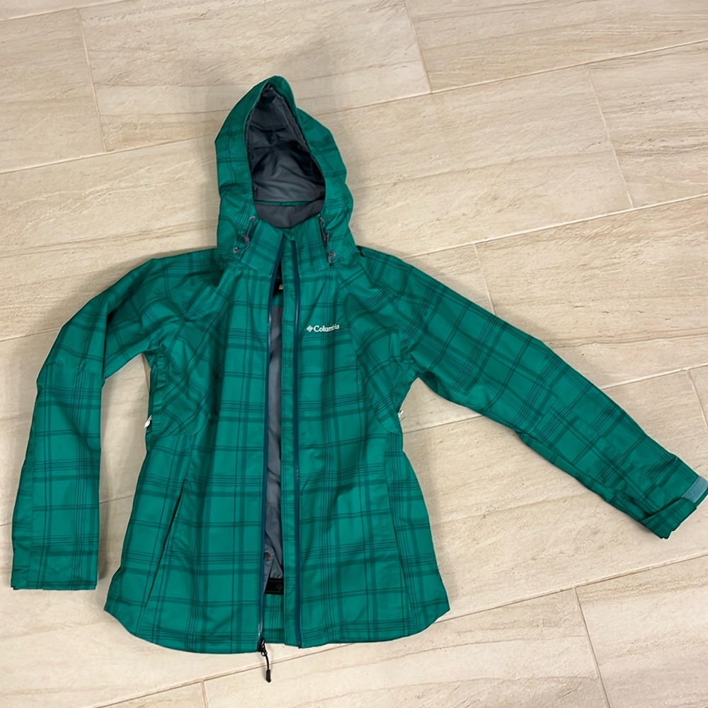 Green plaid Columbia ski coat
